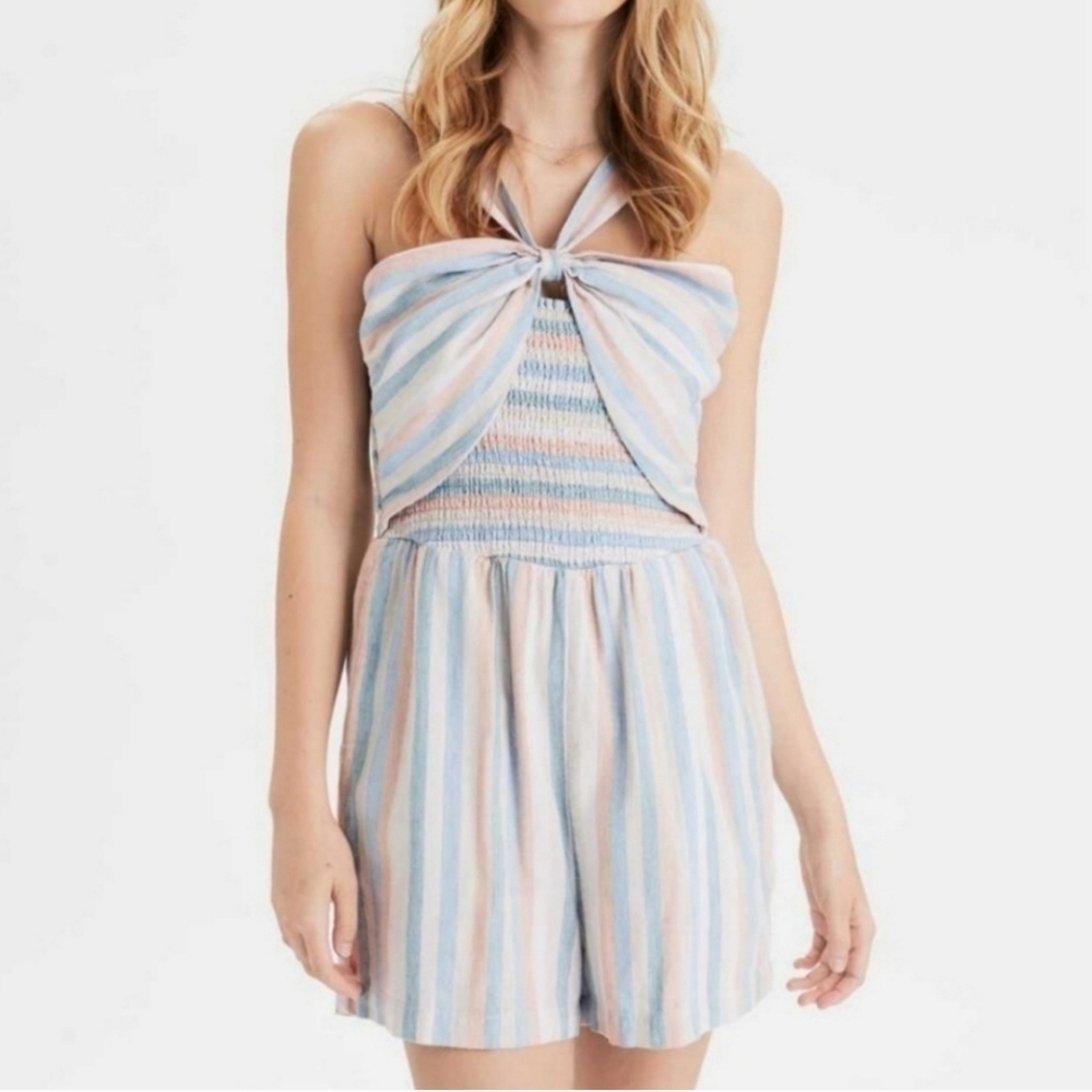American Eagle Blue Pastel Rainbow Stripe Halter Knot Front Smocked Linen Romper